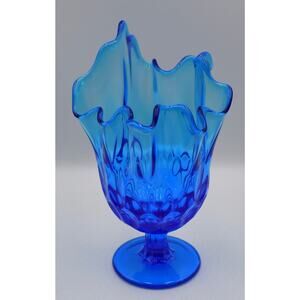 Fenton Swung Stretch Handkerchief Vase Pedestal Thumb Print Colonial Blue Glass